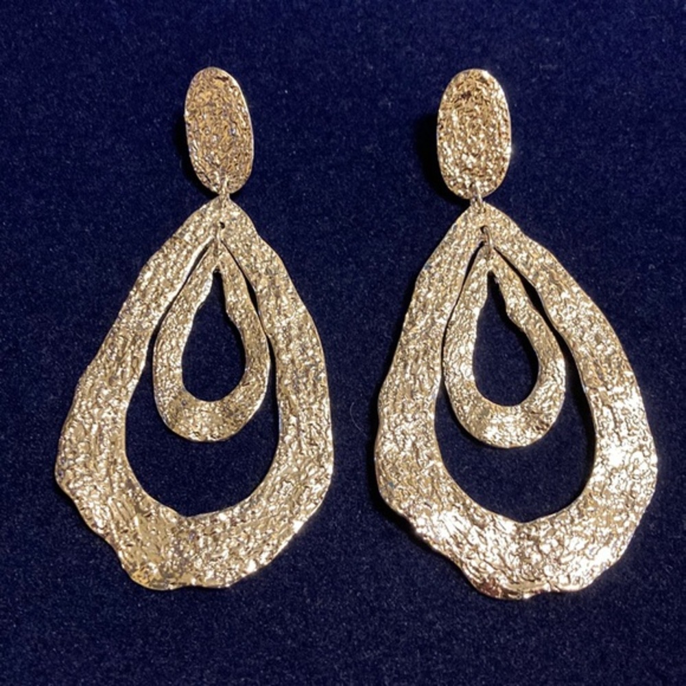 New silver chrome textured metal double hoop drop statement earrings